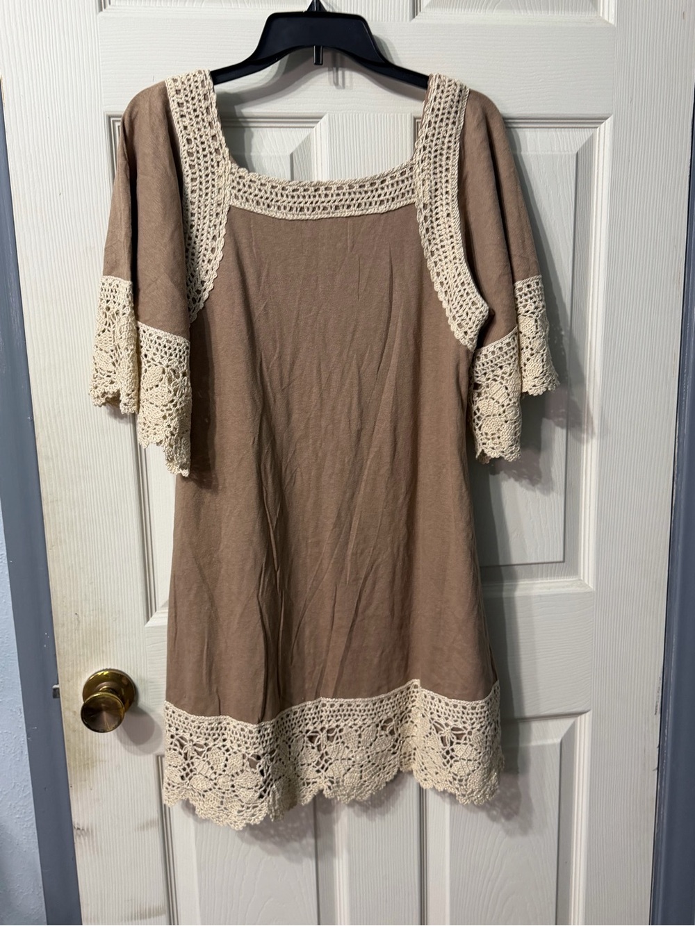 Judith March Brown Crochet Bell Sleeve Boho Shift Dress Large